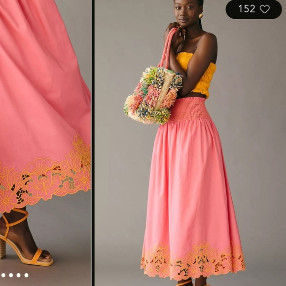 Anthropologie Smocked Waist Embroidered Cutwork Hem Maxi Skirt XL Tropical Vacay - Picture 5 of 15